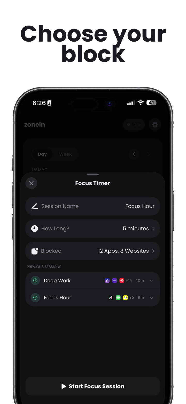 ZoneIn preview showing a focus session setup screen with custom blocked apps and websites.