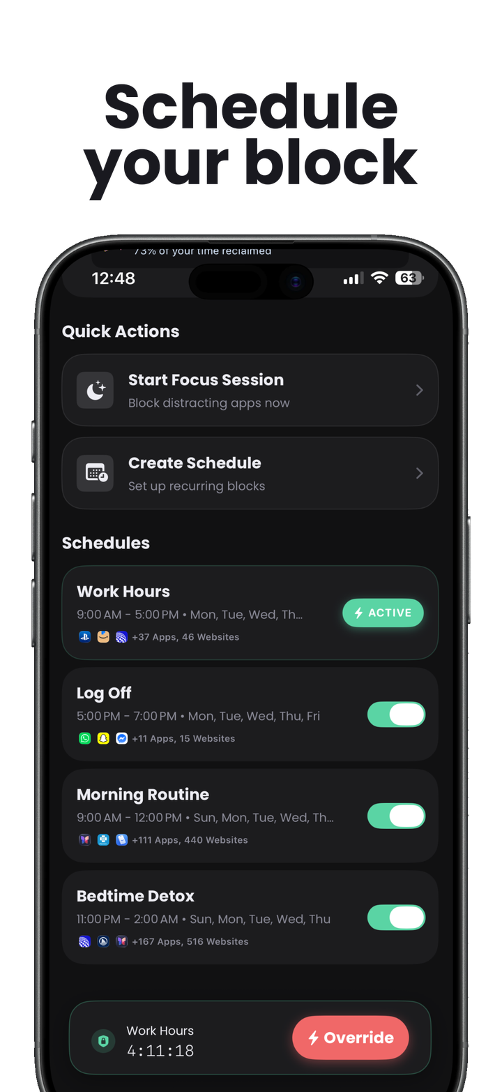 ZoneIn preview showing recurring schedules with app blocks and an override option.