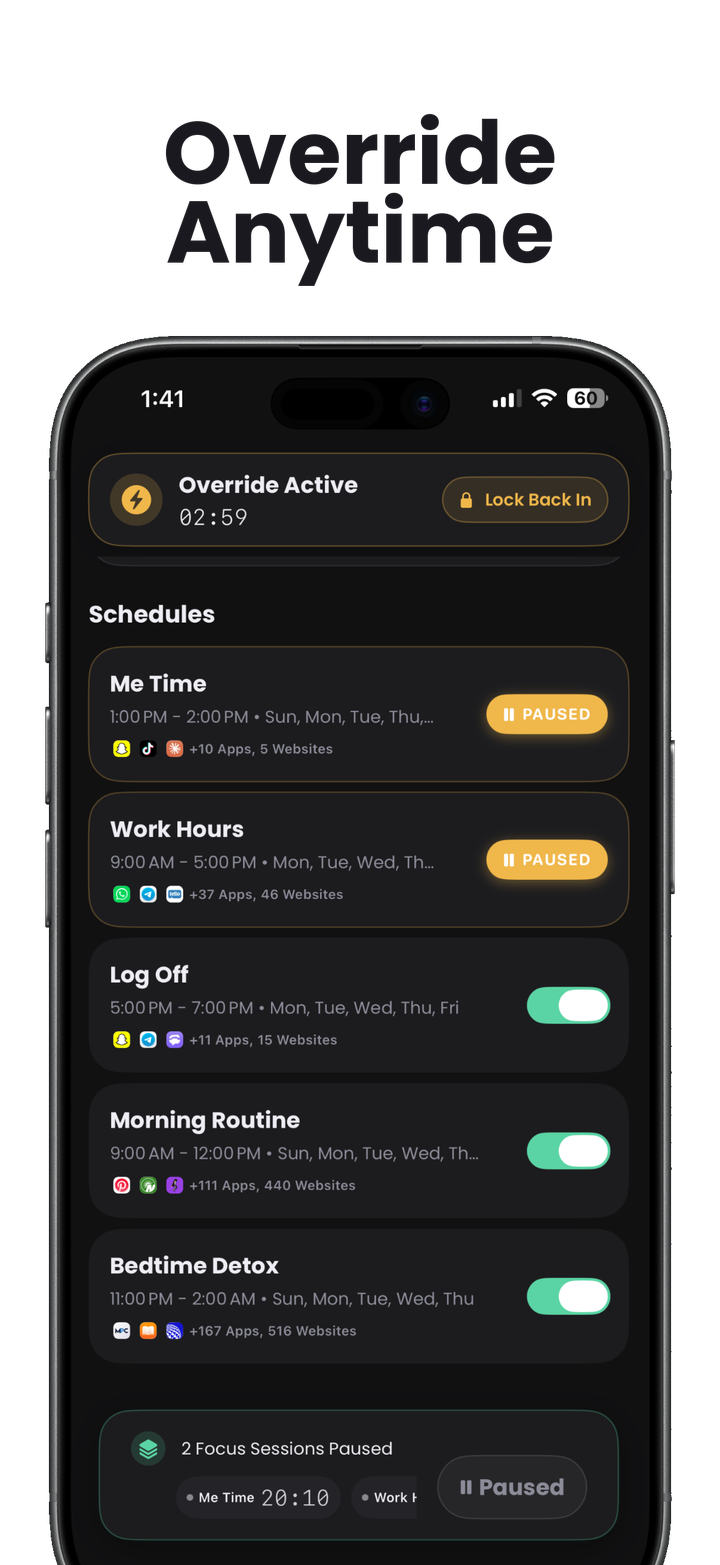 ZoneIn preview showing an active override screen so blocks can be paused at any time.